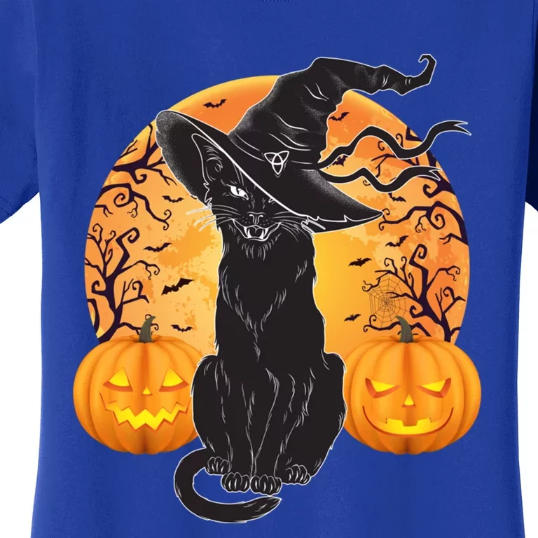 Black Cat Costume Scary Halloween Witch Hat And Moon Gift Women's T-Shirt