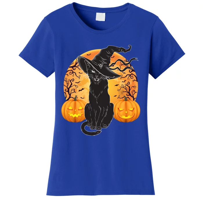 Black Cat Costume Scary Halloween Witch Hat And Moon Gift Women's T-Shirt