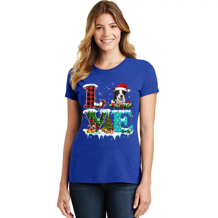 Border Collie Christmas Tree Lights Santa Dog Xmas Gift Women's T-Shirt