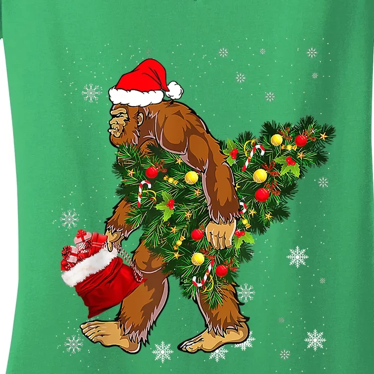 Bigfoot Carrying Christmas Tree Sasquatch Believer Pajama Women's V-Neck T-Shirt