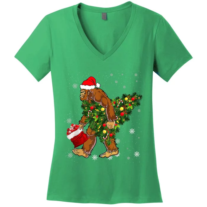 Bigfoot Carrying Christmas Tree Sasquatch Believer Pajama Women's V-Neck T-Shirt