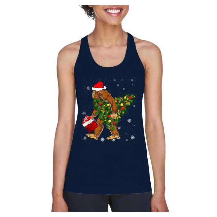 Bigfoot Carrying Christmas Tree Sasquatch Believer Pajama Women's Racerback Tank