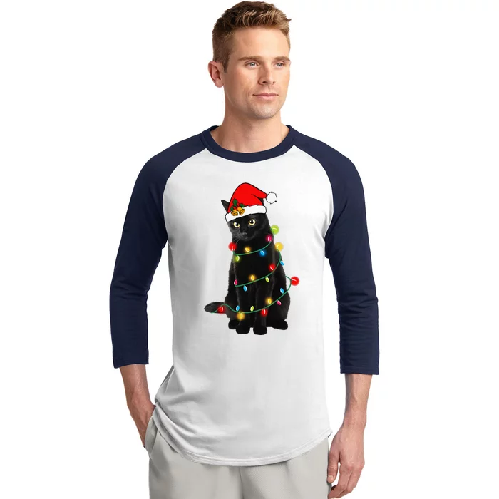 Black Cat Christmas Light Funny Cat Lover Xmas Cats Baseball Sleeve Shirt