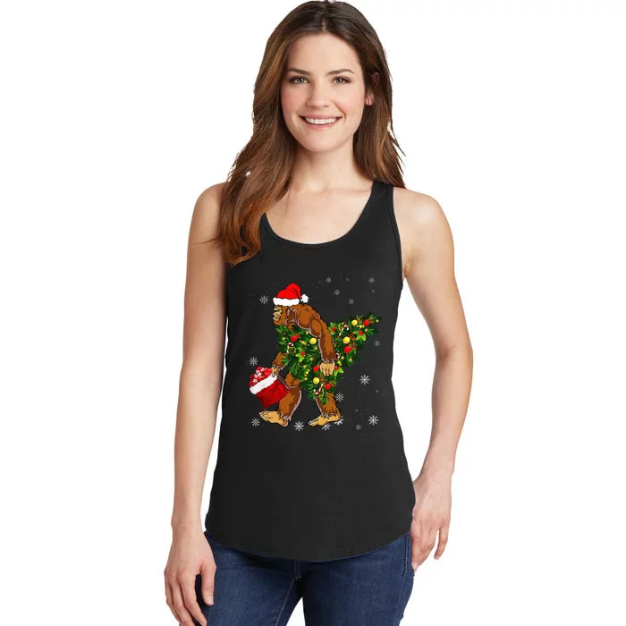 Bigfoot Carrying Christmas Tree Sasquatch Believer Pajama Ladies Essential Tank