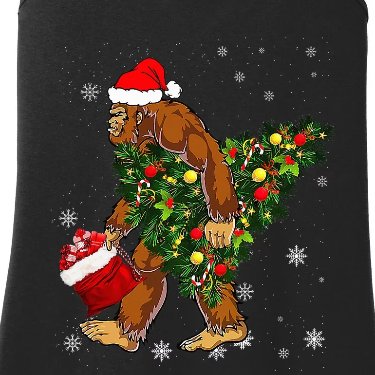 Bigfoot Carrying Christmas Tree Sasquatch Believer Pajama Ladies Essential Tank