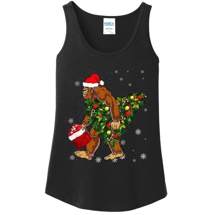 Bigfoot Carrying Christmas Tree Sasquatch Believer Pajama Ladies Essential Tank