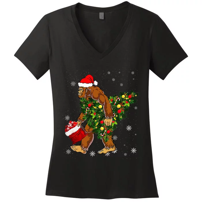 Bigfoot Carrying Christmas Tree Sasquatch Believer Pajama Women's V-Neck T-Shirt