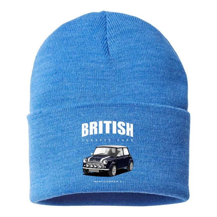 British Classic Car Dark Blue Mini Sports Car Sustainable Knit Beanie