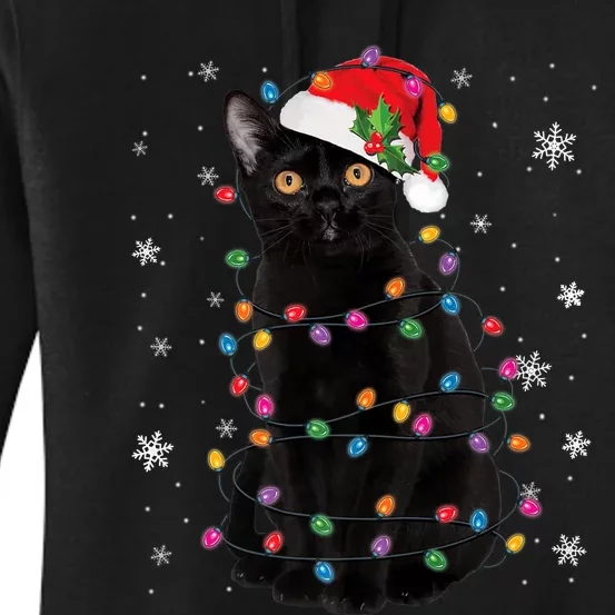 Black Cat Christmas Santa Hat Lights Pajama Xmas Cat Lover Premium Women's Pullover Hoodie