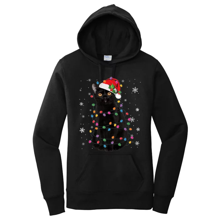 Black Cat Christmas Santa Hat Lights Pajama Xmas Cat Lover Premium Women's Pullover Hoodie