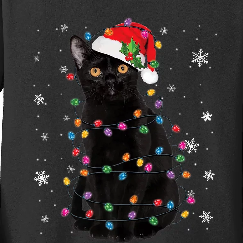 Black Cat Christmas Santa Hat Lights Pajama Xmas Cat Lover Premium Kids Long Sleeve Shirt