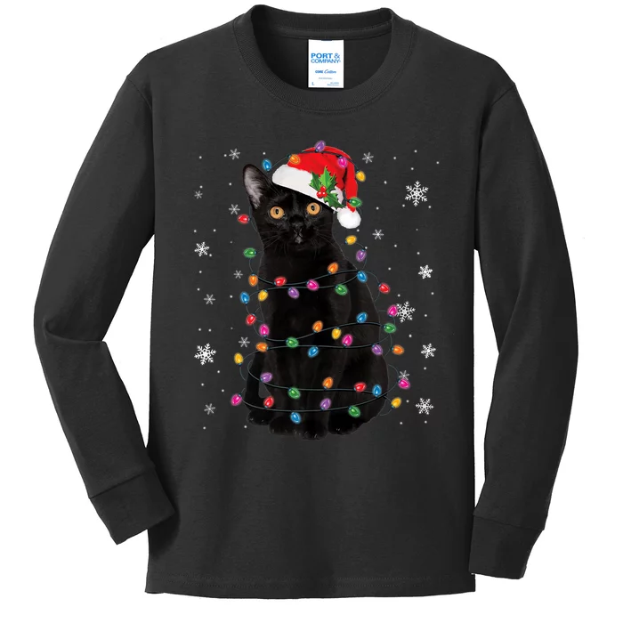 Black Cat Christmas Santa Hat Lights Pajama Xmas Cat Lover Premium Kids Long Sleeve Shirt