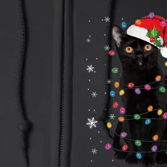 Black Cat Christmas Santa Hat Lights Pajama Xmas Cat Lover Premium Full Zip Hoodie