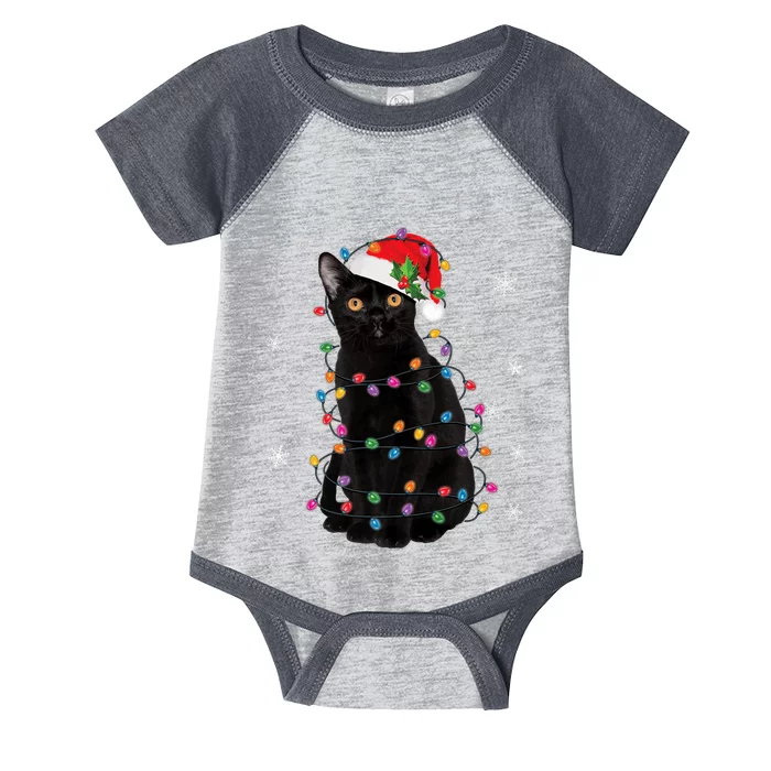 Black Cat Christmas Santa Hat Lights Pajama Xmas Cat Lover Premium Infant Baby Jersey Bodysuit