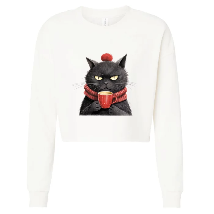 Black Christmas Cat Coffee Mug Cropped Pullover Crew