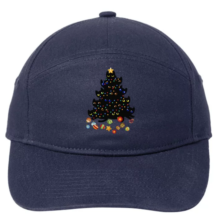 Black Cat Christmas Tree Light Funny Cat Lover Christmas 7-Panel Snapback Hat