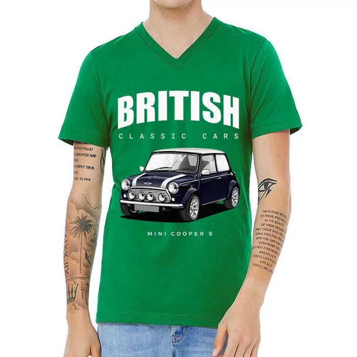 British Classic Car Dark Blue Mini Sports Car V-Neck T-Shirt