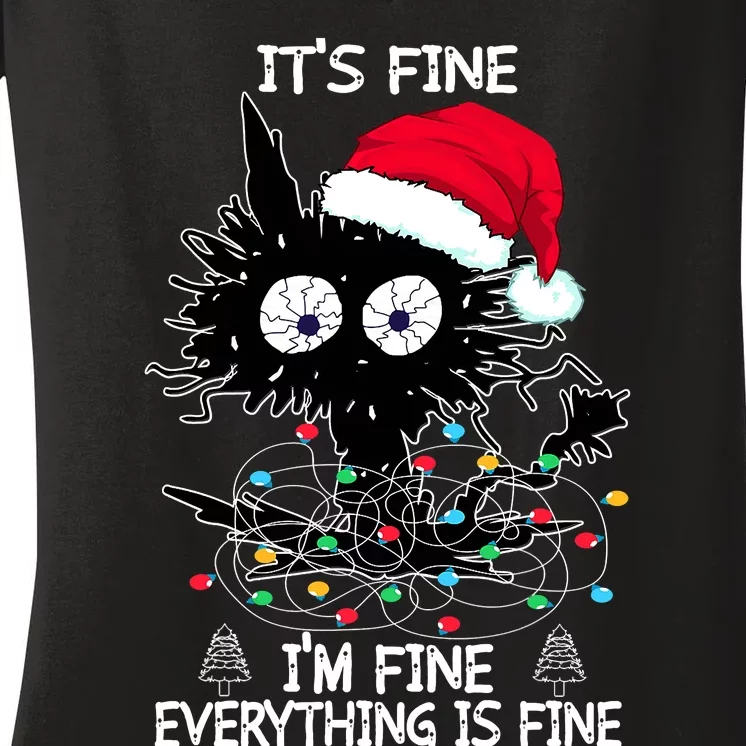 Black Cat christmas It's Fine I'm Fine Everything Is Fine Women's V-Neck T-Shirt