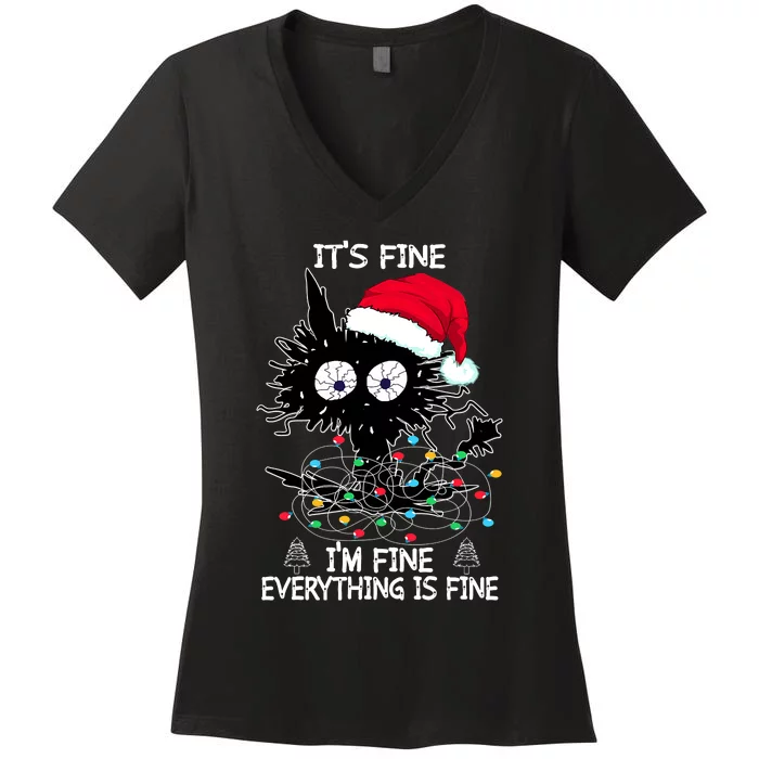 Black Cat christmas It's Fine I'm Fine Everything Is Fine Women's V-Neck T-Shirt