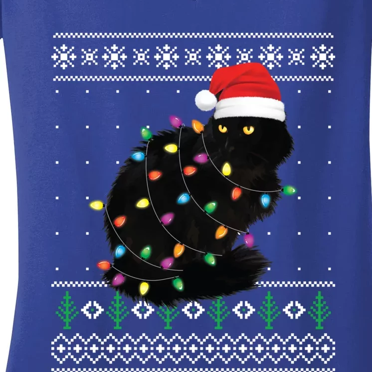 Black Cat Christmas Ugly Funny Santa Cat Gift Women's V-Neck T-Shirt