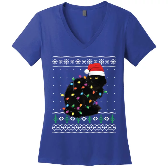 Black Cat Christmas Ugly Funny Santa Cat Gift Women's V-Neck T-Shirt