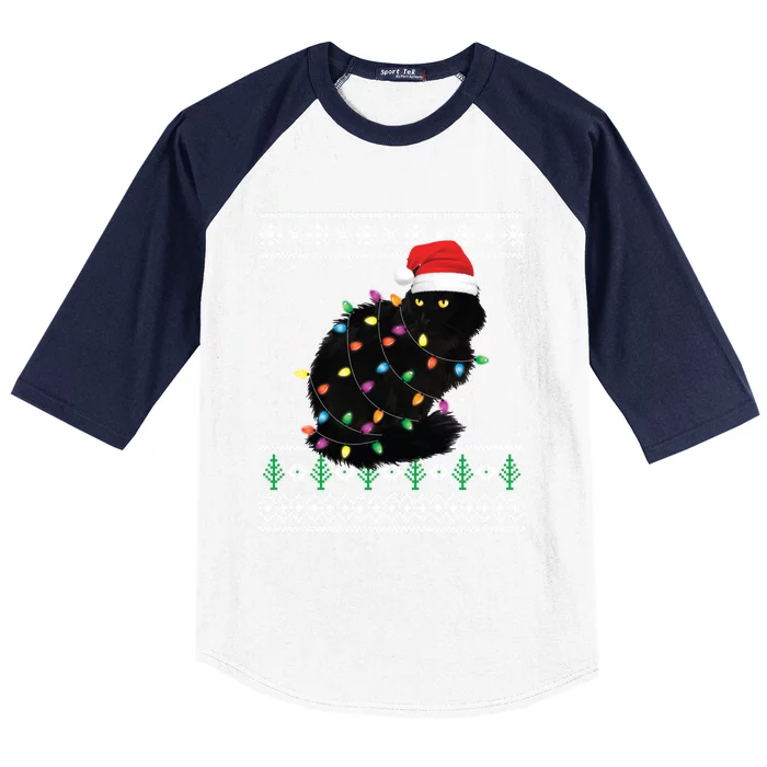 Black Cat Christmas Ugly Funny Santa Cat Gift Baseball Sleeve Shirt