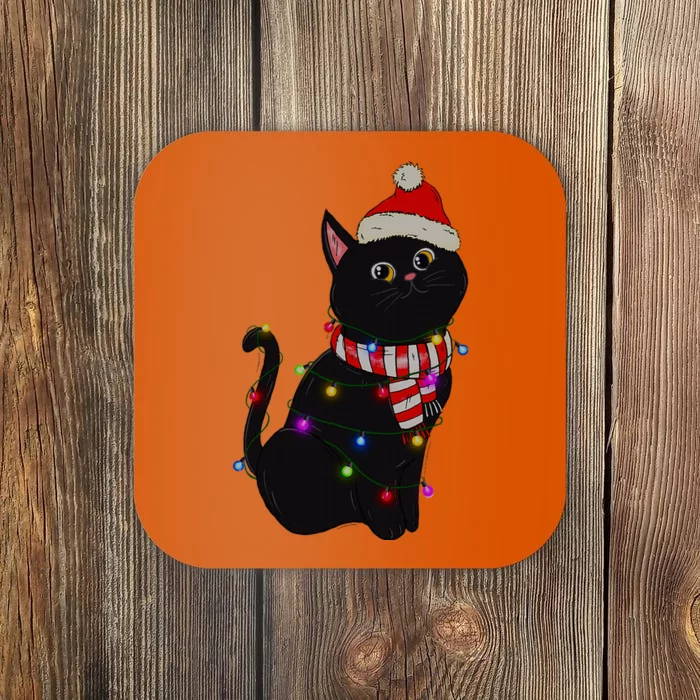 Black Cat christmas light funny cat lover christmas Coaster