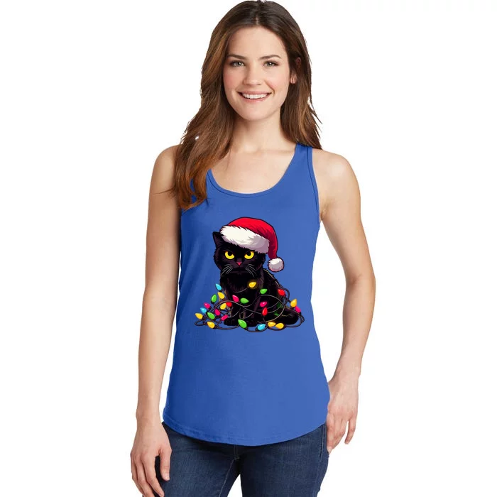 Black Cat Christmas Lights Funny Cat Lover Xmas Santa Claus Funny Gift Ladies Essential Tank