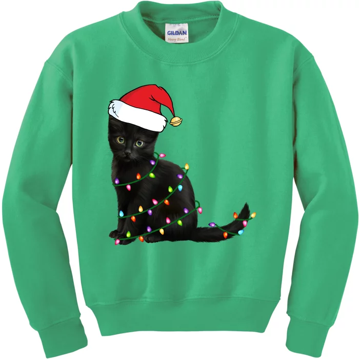 Black Cat Christmas Lights Kids Sweatshirt