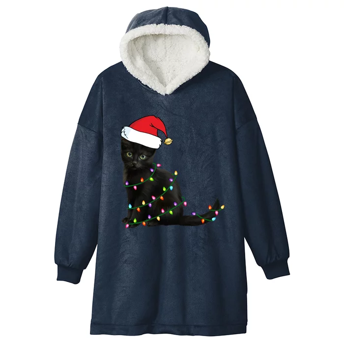 Black Cat Christmas Lights Hooded Wearable Blanket