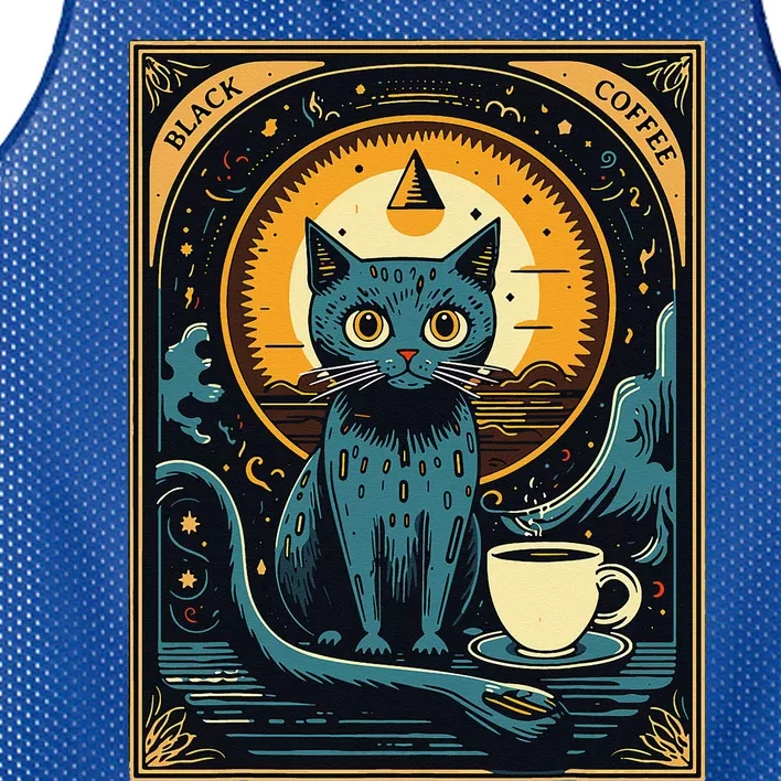 Black Coffee Cat Tarot Card Occult Mesh Reversible Basketball Jersey Tank