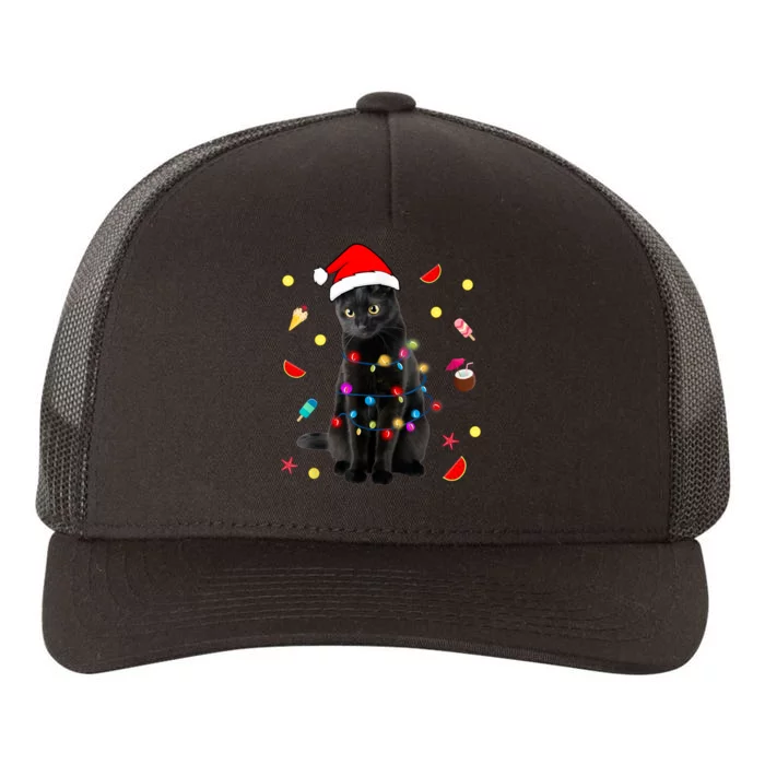 Black Cat Christmas In July Summer Vacation Funny Cat Lover Yupoong Adult 5-Panel Trucker Hat