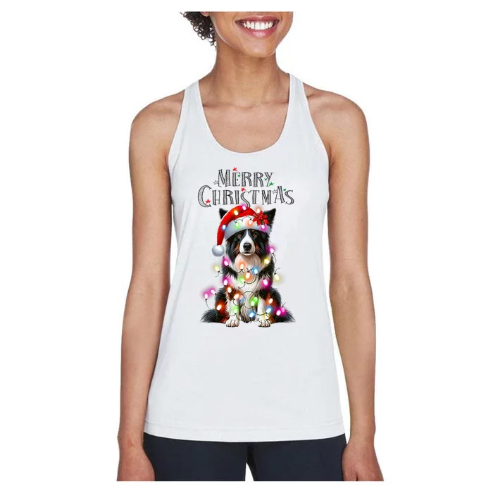 Border Collie Christmas Lights Xmas Dog Santa Women's Racerback Tank