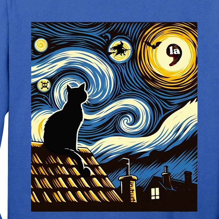 Black Cat Comma La Kamala Harris Halloween Starry Night Long Sleeve Shirt