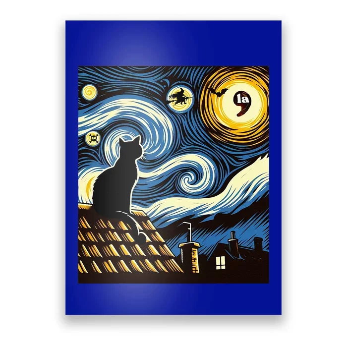 Black Cat Comma La Kamala Harris Halloween Starry Night Poster