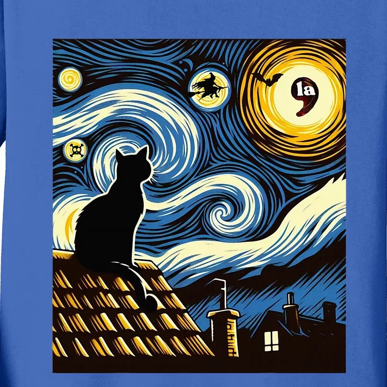 Black Cat Comma La Kamala Harris Halloween Starry Night Kids Long Sleeve Shirt