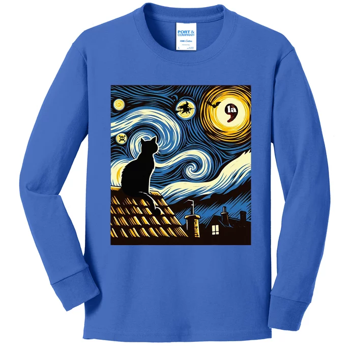 Black Cat Comma La Kamala Harris Halloween Starry Night Kids Long Sleeve Shirt