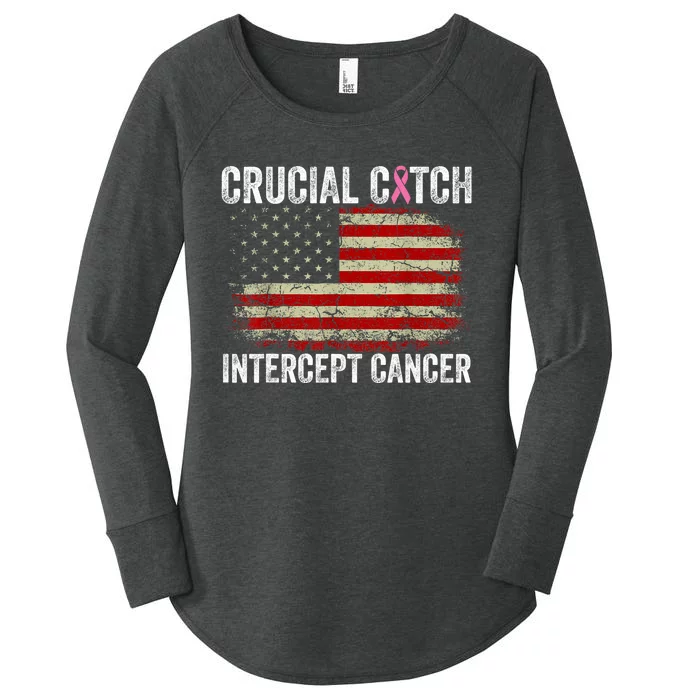 Breast Cancer Crucial A Catch Intercept Cancer Us Flag Women's Perfect Tri Tunic Long Sleeve Shirt