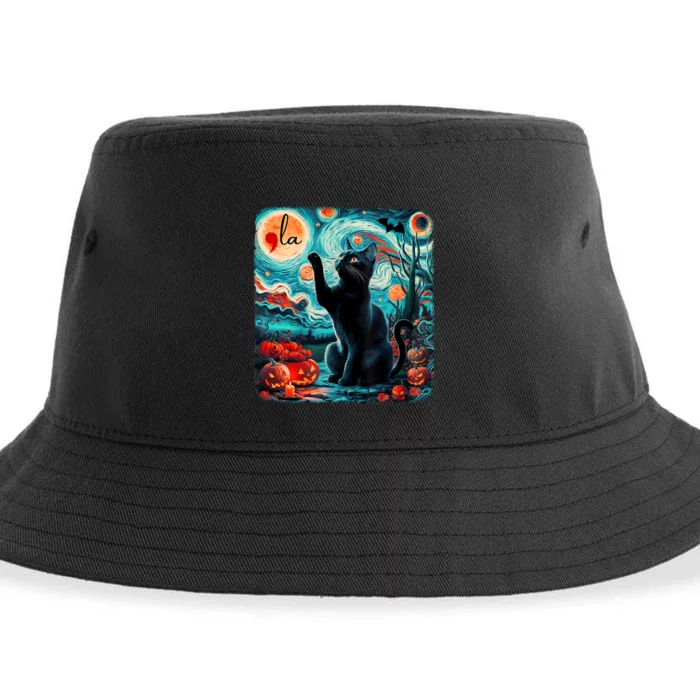 Black Cat Comma La Kamala Harris Halloween Starry Night Sustainable Bucket Hat