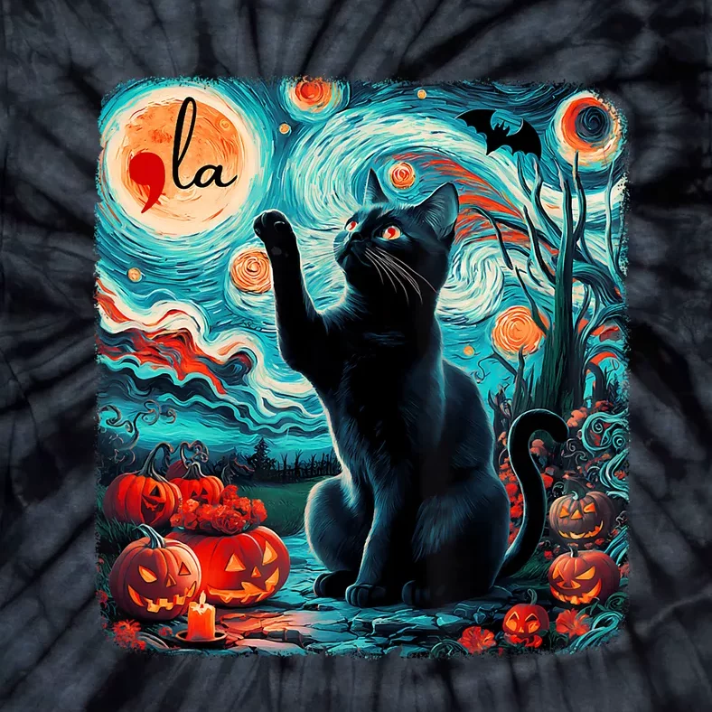 Black Cat Comma La Kamala Harris Halloween Starry Night Tie-Dye T-Shirt