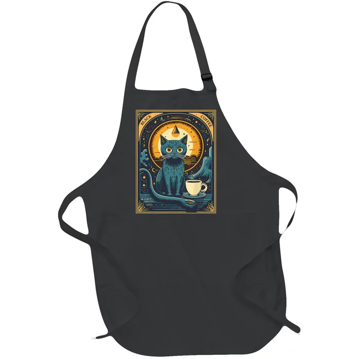 Black Coffee Cat Tarot Card Occult Full-Length Apron With Pocket