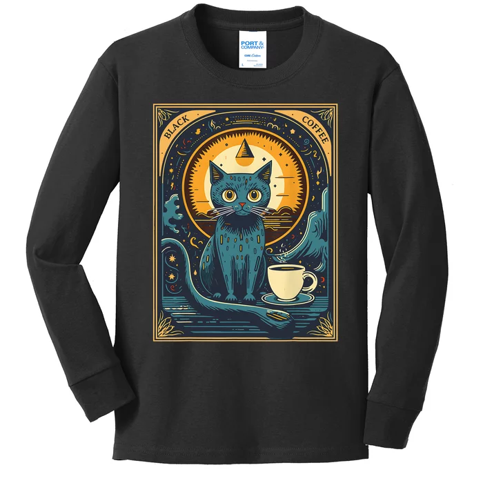 Black Coffee Cat Tarot Card Occult Kids Long Sleeve Shirt