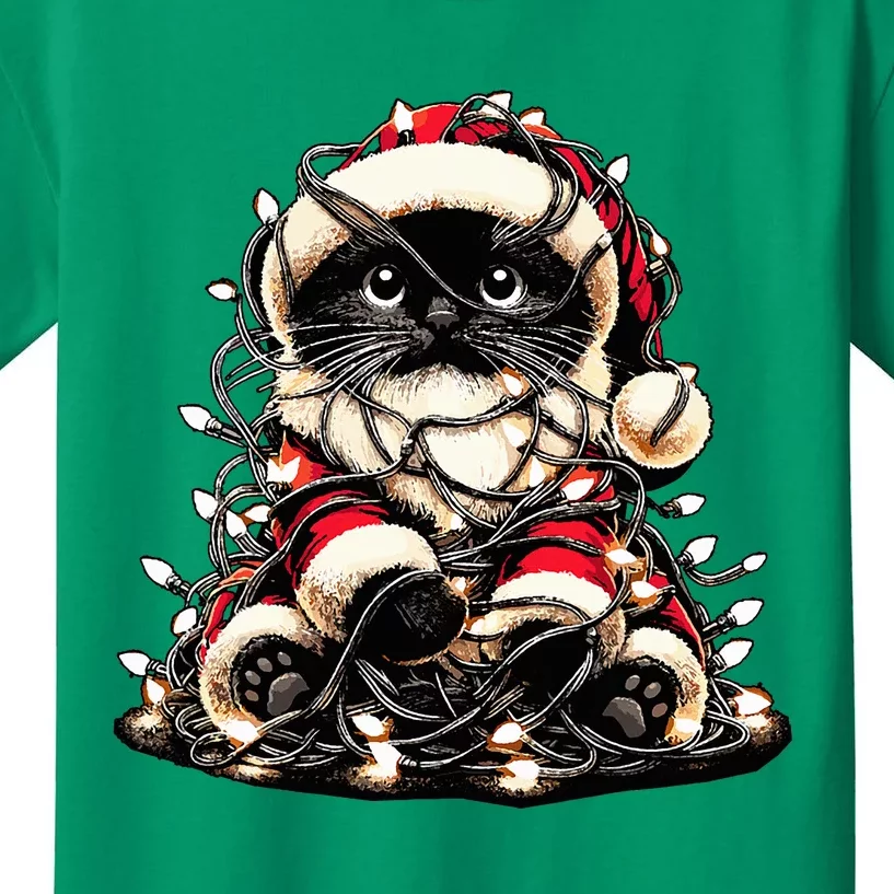 Black Cat Christmas Tree Lights Santa Kitten Led Light Kids T-Shirt