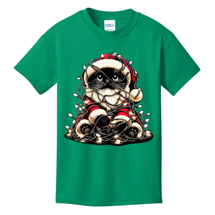 Black Cat Christmas Tree Lights Santa Kitten Led Light Kids T-Shirt