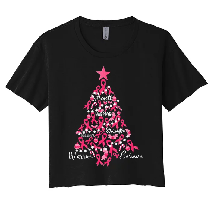 Breast Cancer Christmas Tree Ribbon Fight Awareness Women's Crop Top Tee