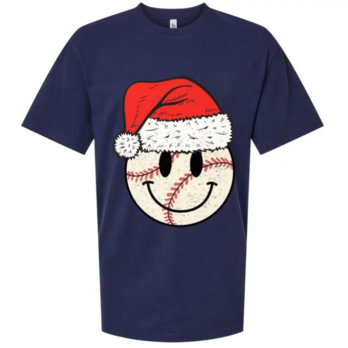 Baseball Christmas Cute Smile Face Baseball Santa Hat Retro Gift Sueded Cloud Jersey T-Shirt