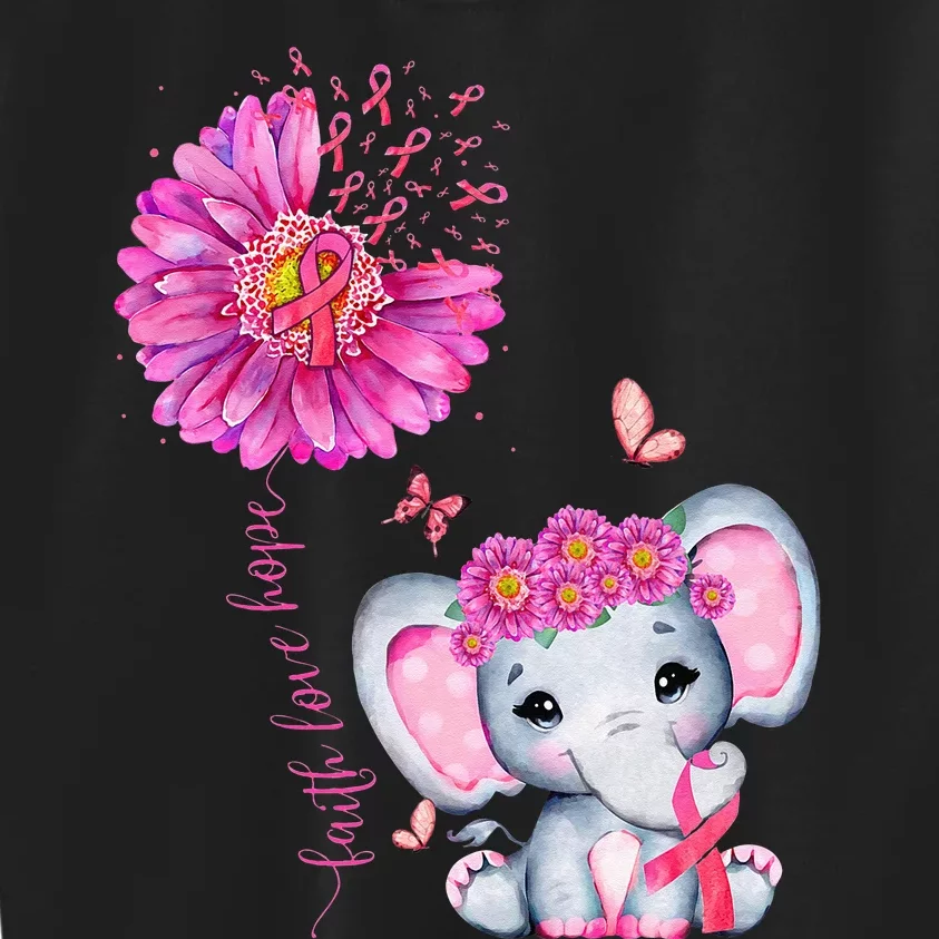 Breast Cancer Cute Elephant With Sunflower And Pink Ribbon Kids Sweatshirt