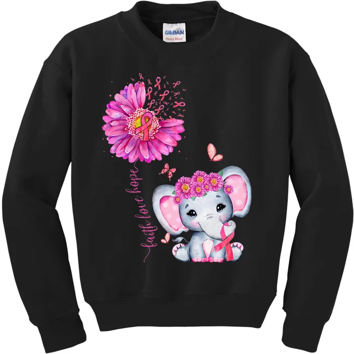 Breast Cancer Cute Elephant With Sunflower And Pink Ribbon Kids Sweatshirt