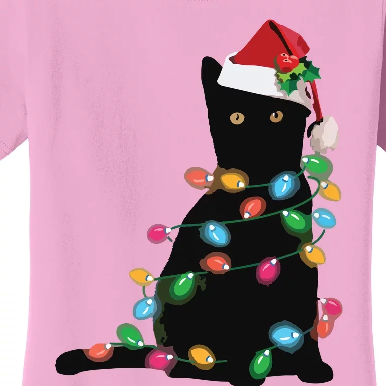 Black Cat Christmas Light Funny Cat Lover Christmas Women's T-Shirt