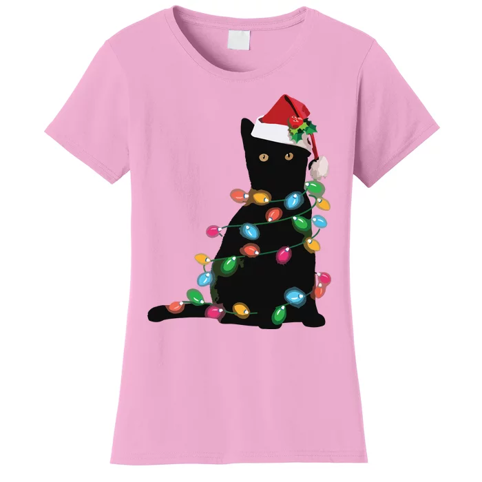 Black Cat Christmas Light Funny Cat Lover Christmas Women's T-Shirt